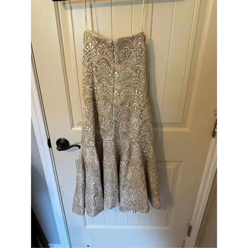 NWT Y2K Badgley Mishcka Strapless Lace Ivory Gold Midi Dress Women Size 6 SC1280